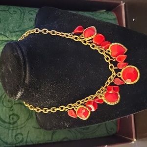Goldtone chain necklace Red orange faceted stones 16" Like new condition